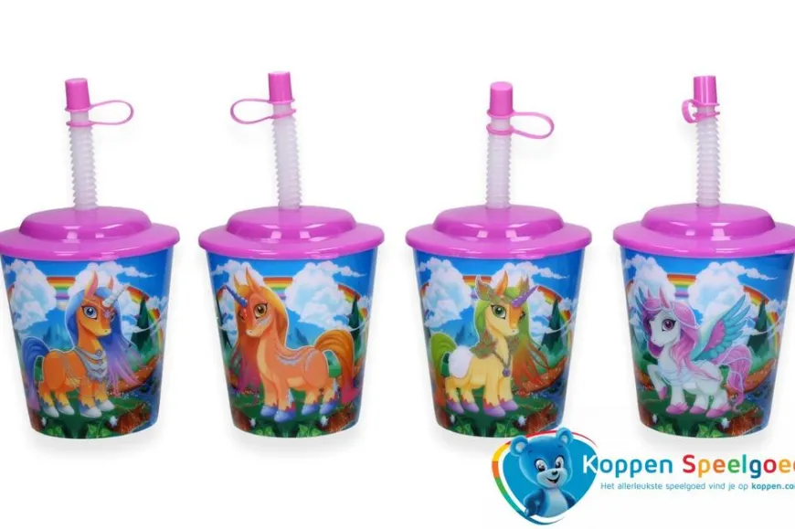 Beker met deksel en rietje, eenhoorn