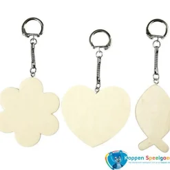 Kleur je eigen sleutelhanger hart, vis of bloem, hout